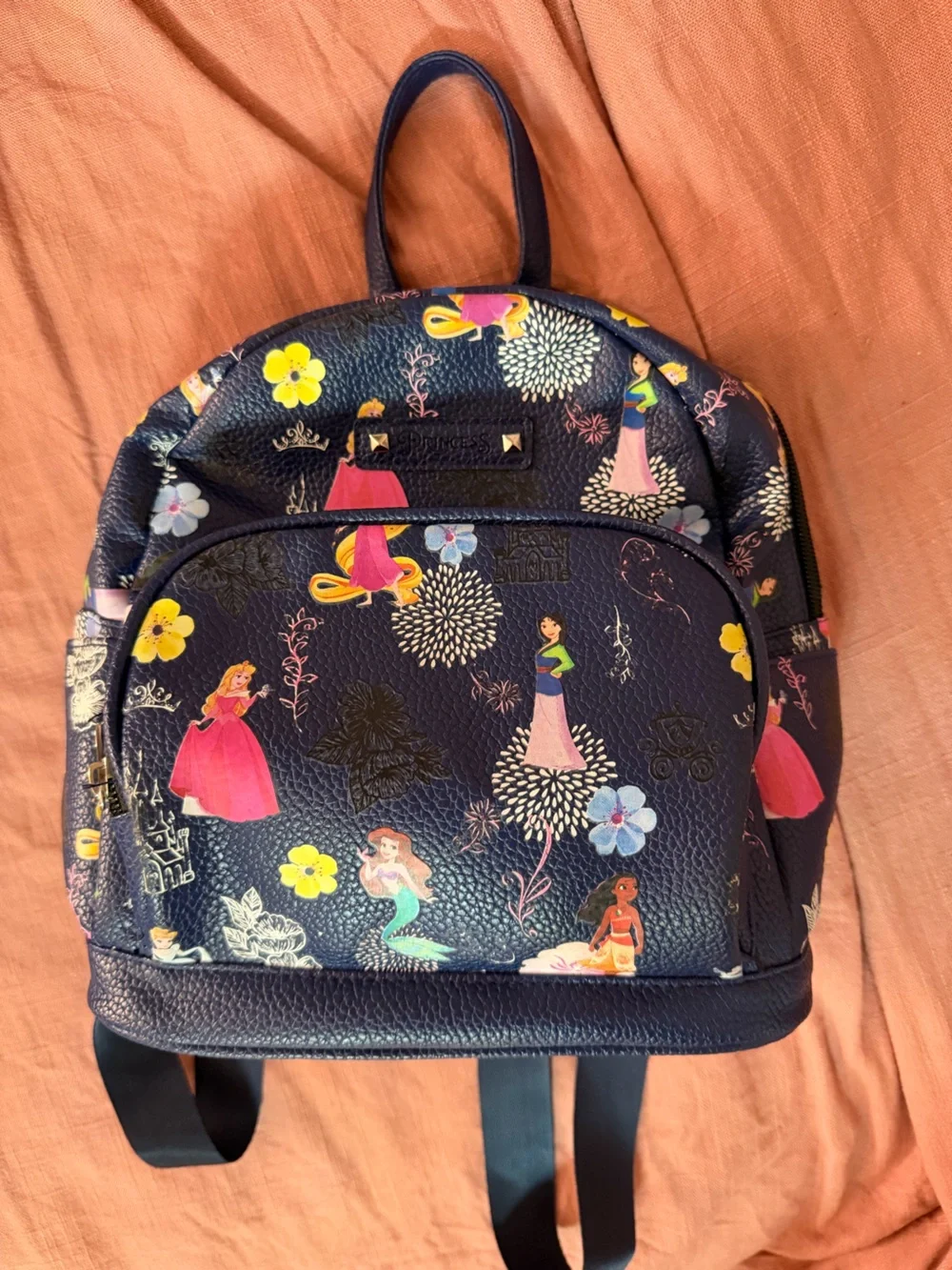 Disney Navy Kids Backpack with Pink Princesses & Yellow Floral Accents